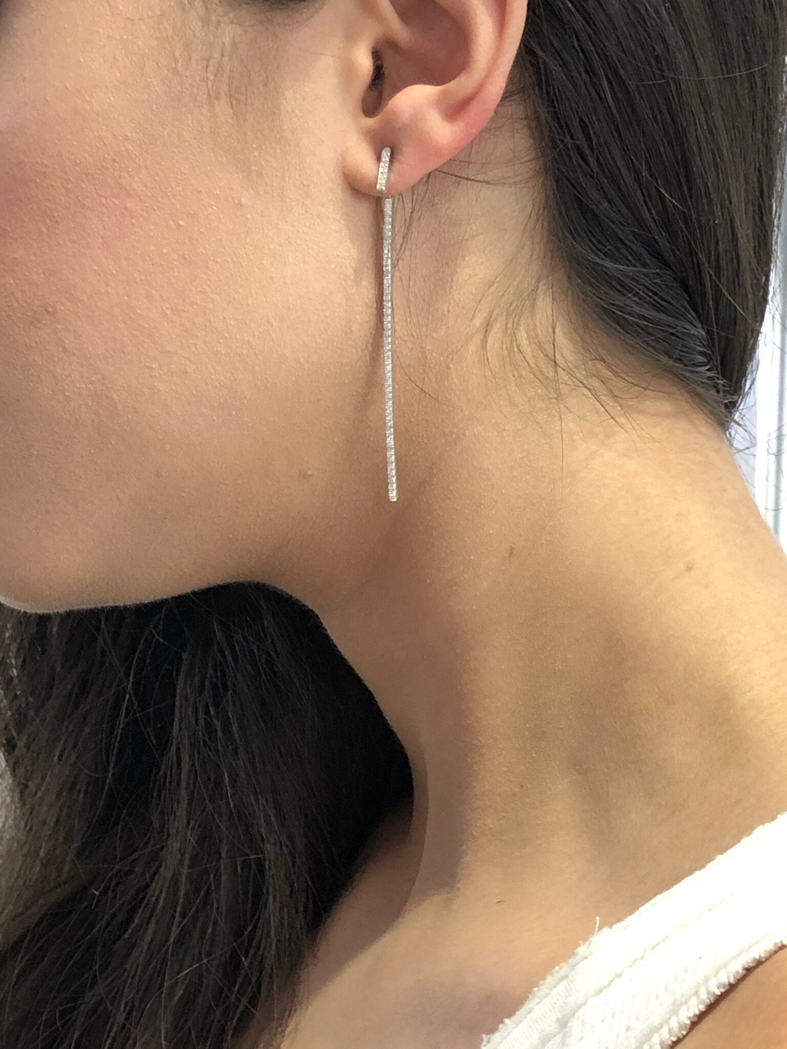 LIV Platinum Sterling Silver Pave White Sapphire Earrings Long Thin Bar Earrings