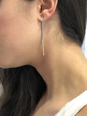 LIV Platinum Sterling Silver Pave White Sapphire Earrings Long Thin Bar Earrings