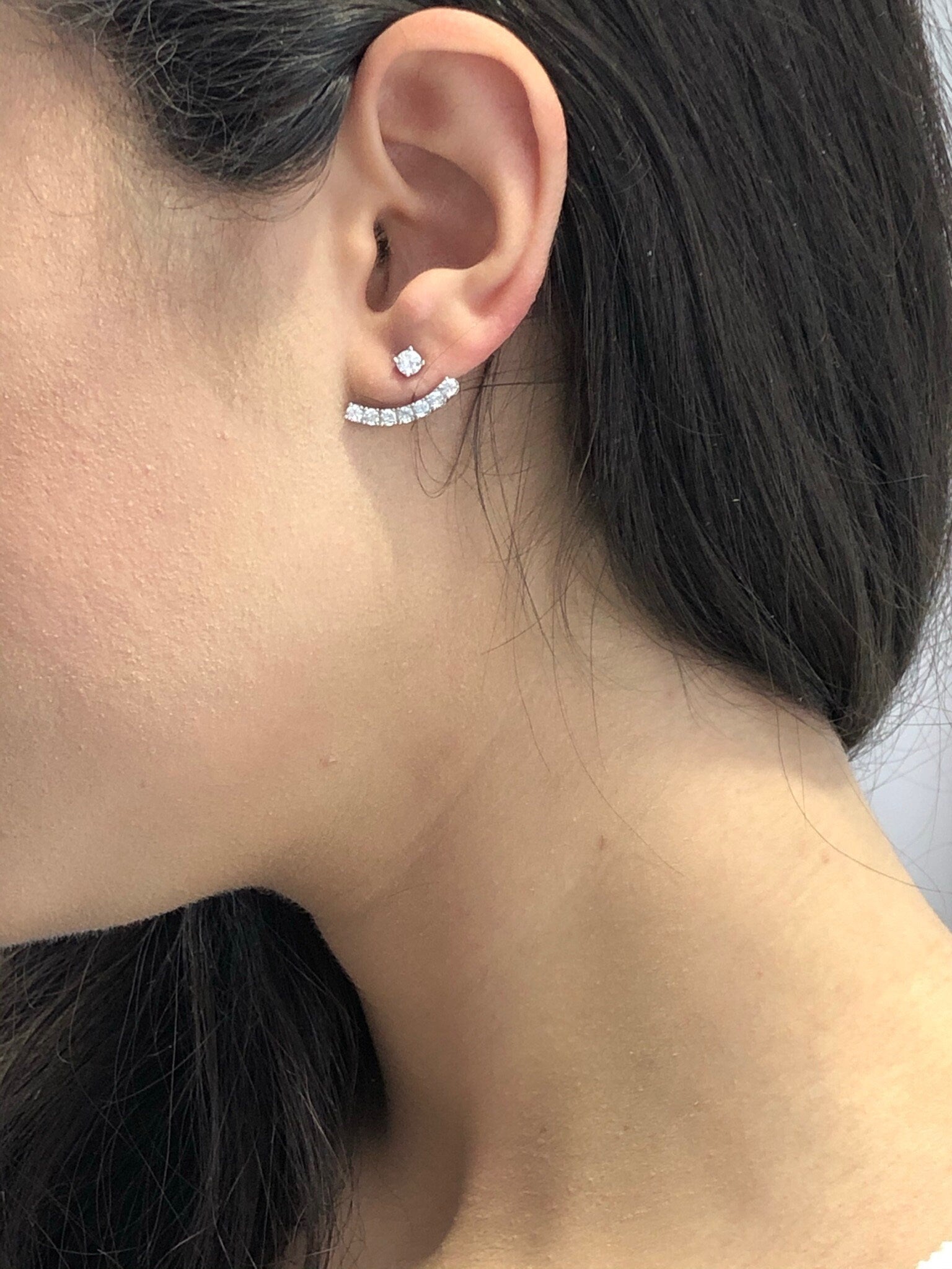 LIV Platinum Sterling Silver White Sapphire Ear Crawler Design Round Stud Earrings