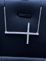 LIV Platinum Sterling Silver .925 White Sapphire Sideway Cross Design Pave Necklace