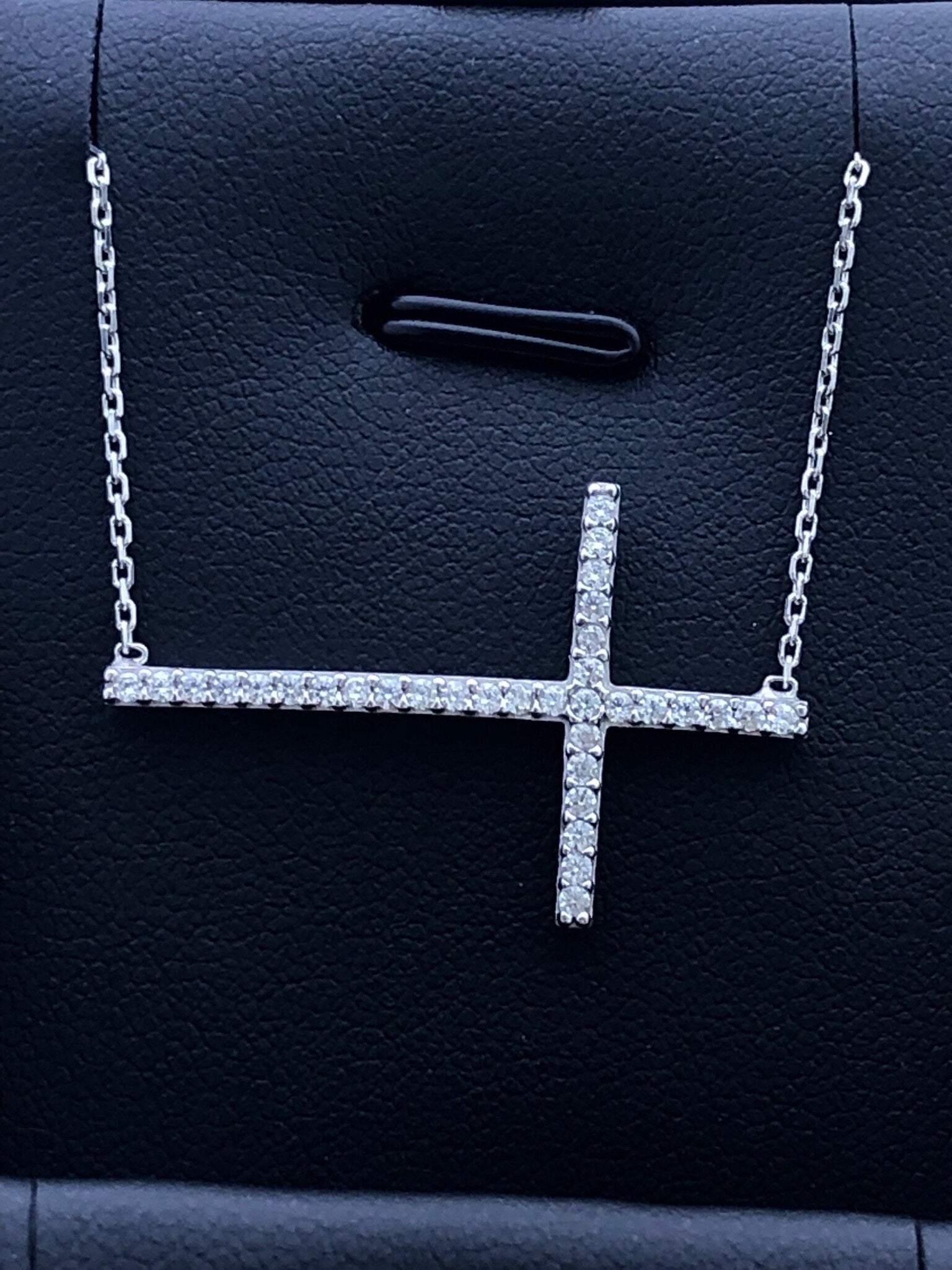 LIV Platinum Sterling Silver .925 White Sapphire Sideway Cross Design Pave Necklace