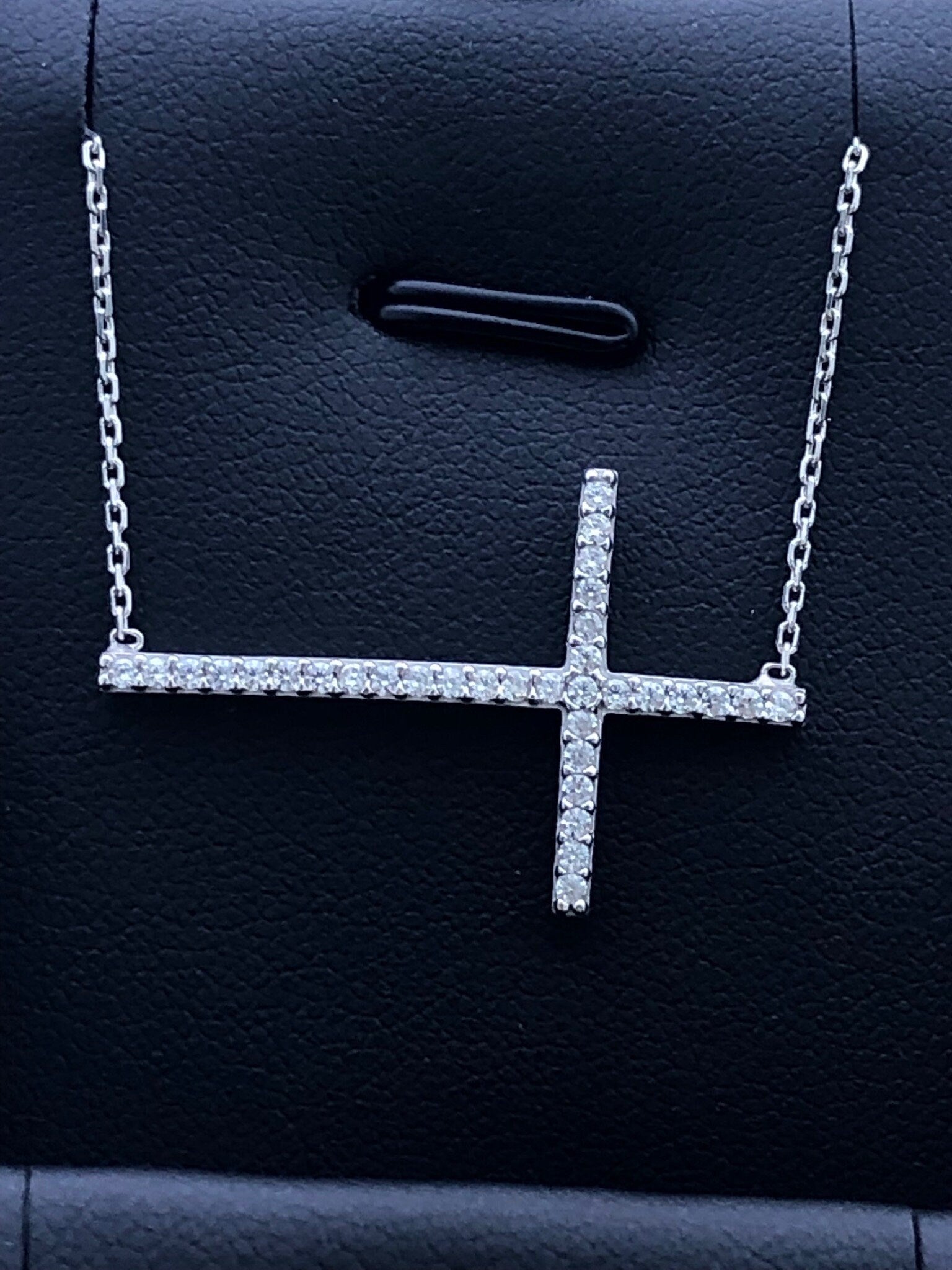 LIV Platinum Sterling Silver .925 White Sapphire Sideway Cross Design Pave Necklace