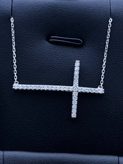 LIV Platinum Sterling Silver .925 White Sapphire Sideway Cross Design Pave Necklace