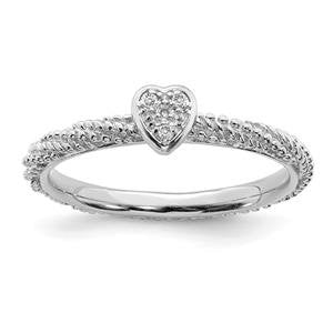 LIV Platinum Sterling Silver & Diamonds Heart Halo Cable Stackable Band Ring