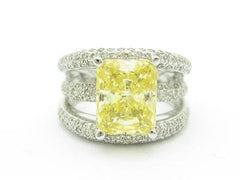 LIV 14k White Gold & Diamonds Wide Design Radiant Cushion Yellow Sapphire Band Ring
