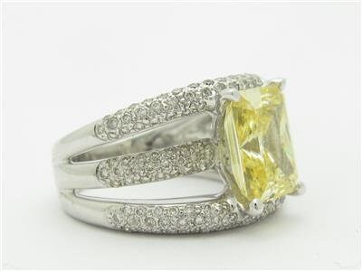 LIV 14k White Gold & Diamonds Wide Design Radiant Cushion Yellow Sapphire Band Ring