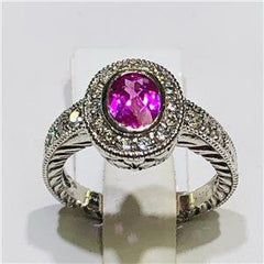 LIV 14k White Gold & Diamonds 0.55ct G-SI1 Pink Sapphire 1.00ct Oval Halo Ring