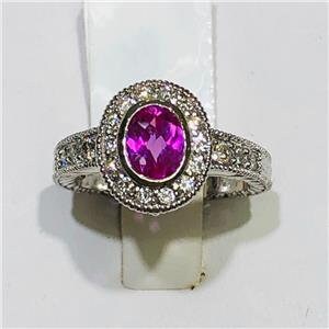 LIV 14k White Gold & Diamonds 0.55ct G-SI1 Pink Sapphire 1.00ct Oval Halo Ring