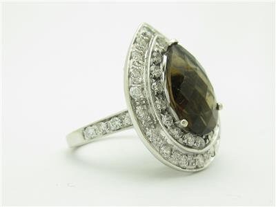 LIV 14k White Gold Genuine Diamond & Smokey Topaz Pear Shape Cocktail Halo Ring