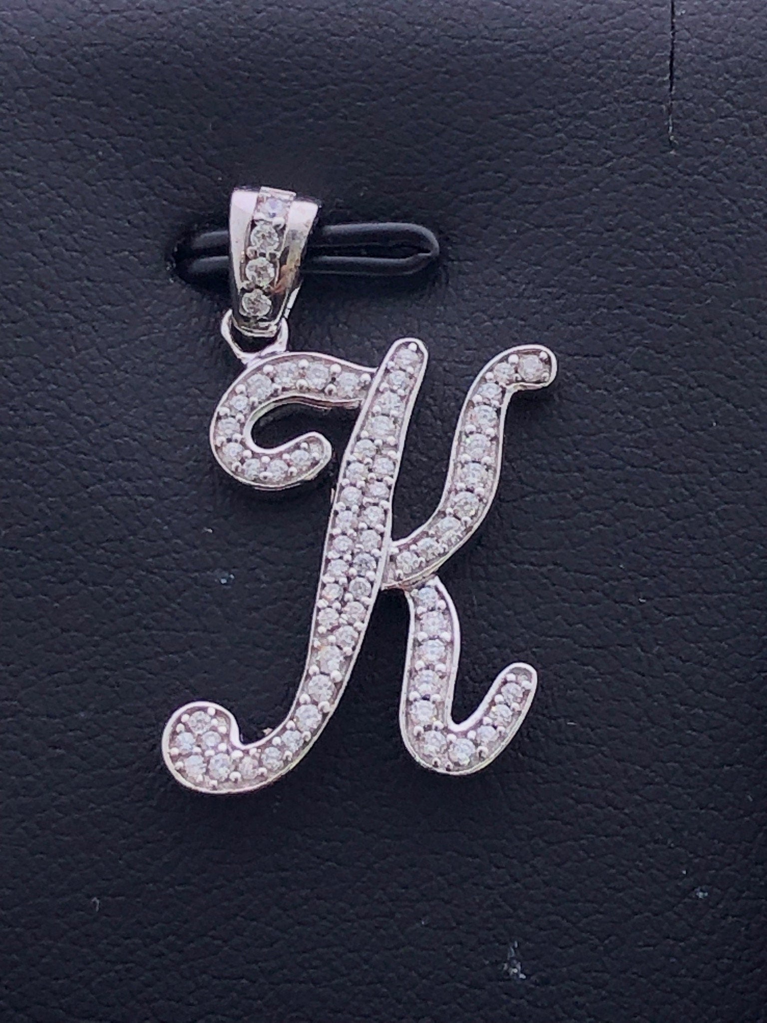 LIV Platinum Sterling Silver Pave White Sapphire Initial K Script Halo Necklace Gift