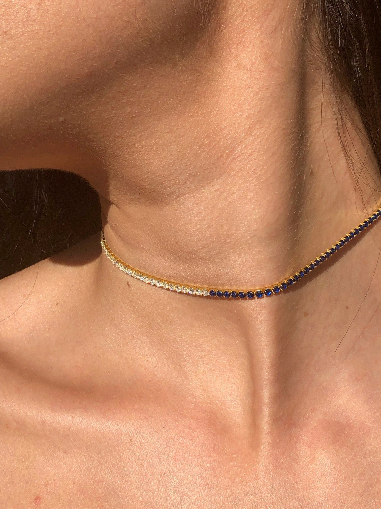 LIV 18k Yellow Gold Sterling Silver Blue & White Sapphire Thin Choker Tennis Necklace 14"-16" L