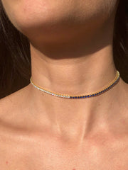 LIV 18k Yellow Gold Sterling Silver Blue & White Sapphire Thin Choker Tennis Necklace 14"-16" L