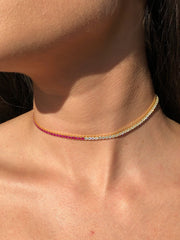 LIV 18k Yellow Gold Sterling Silver Pink & White Sapphire Thin Choker Tennis Necklace 14"-16" L