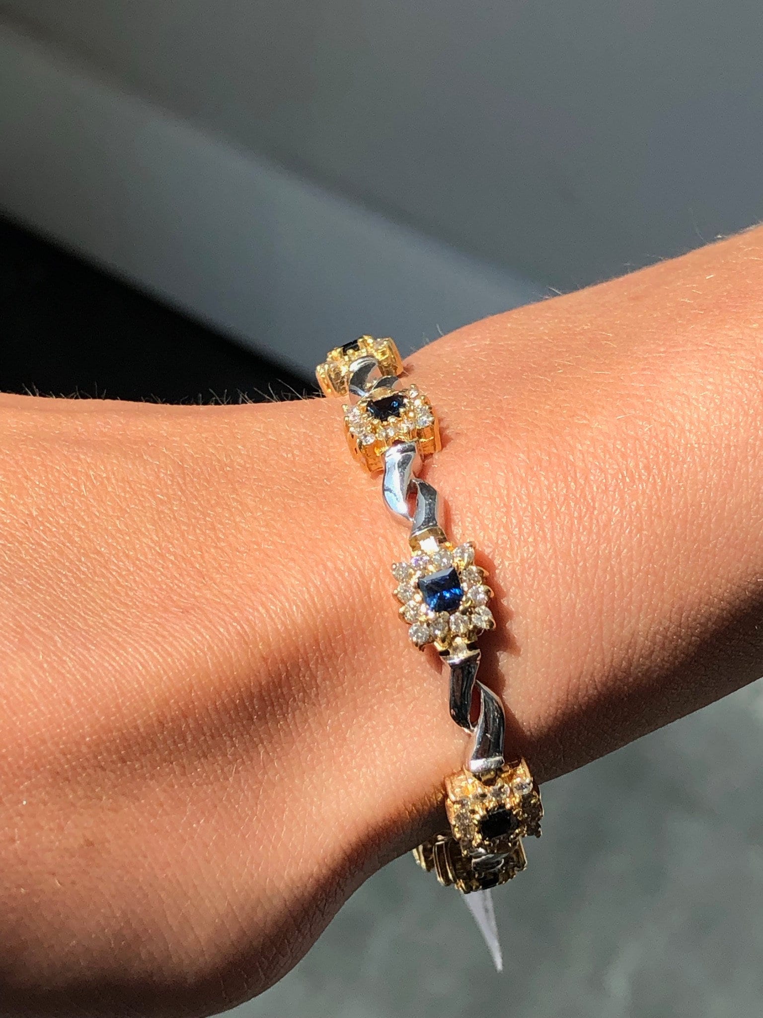 LIV 14k Two Tone Gold & Diamonds Blue Sapphire Halo Design Tennis Bracelet 7" Length