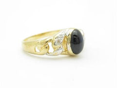 LIV 14k Yellow Gold Genuine Diamond Blue Sapphire Cabochon Oval Stone Ring