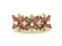 LIV 14k Solid Yellow Gold Genuine Red Ruby & Diamond Marquee Design Band Ring