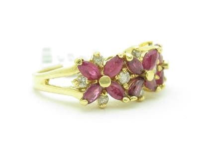 LIV 14k Solid Yellow Gold Genuine Red Ruby & Diamond Marquee Design Band Ring