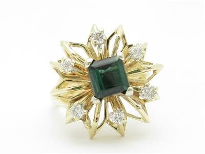 LIV 14k Yellow Gold & Diamonds Green Emerald Vintage Style Cocktail Design Dome Ring Gift