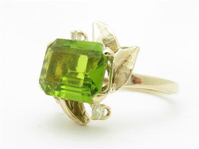 LIV 14k Yellow Gold Vintage Design Diamond & Green Peridot Emerald Cut Stone Ring Gift