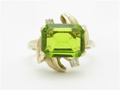 LIV 14k Yellow Gold Vintage Design Diamond & Green Peridot Emerald Cut Stone Ring Gift