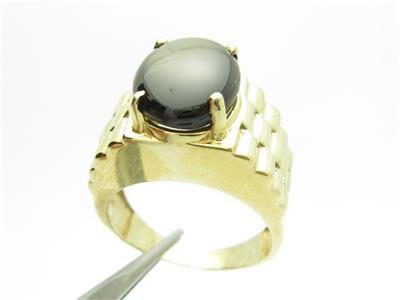 LIV 14k Yellow Gold Diamond Cut Gray Tiger Eye Oval Stone Men's Band Ring