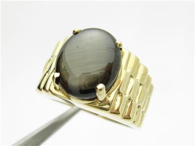 LIV 14k Yellow Gold Diamond Cut Gray Tiger Eye Oval Stone Men's Band Ring