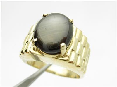 LIV 14k Yellow Gold Diamond Cut Gray Tiger Eye Oval Stone Men's Band Ring