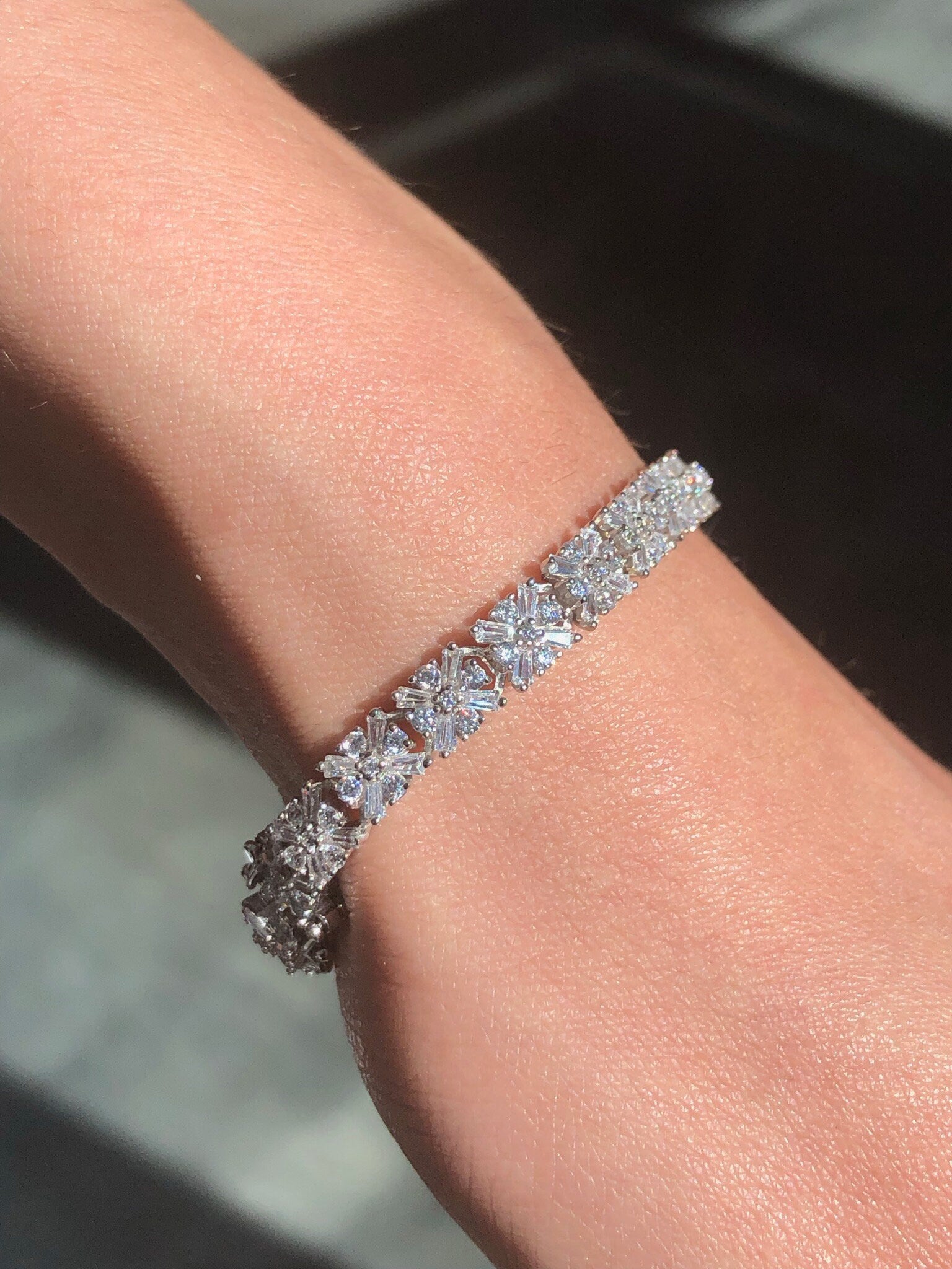 LIV Platinum Sterling Silver Pave White Sapphire Baguette Snowflake Tennis Bracelet