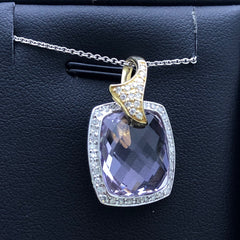 LIV 14k White Gold Diamonds & Purple Amethyst Cushion Cut Halo Stone Design Necklace