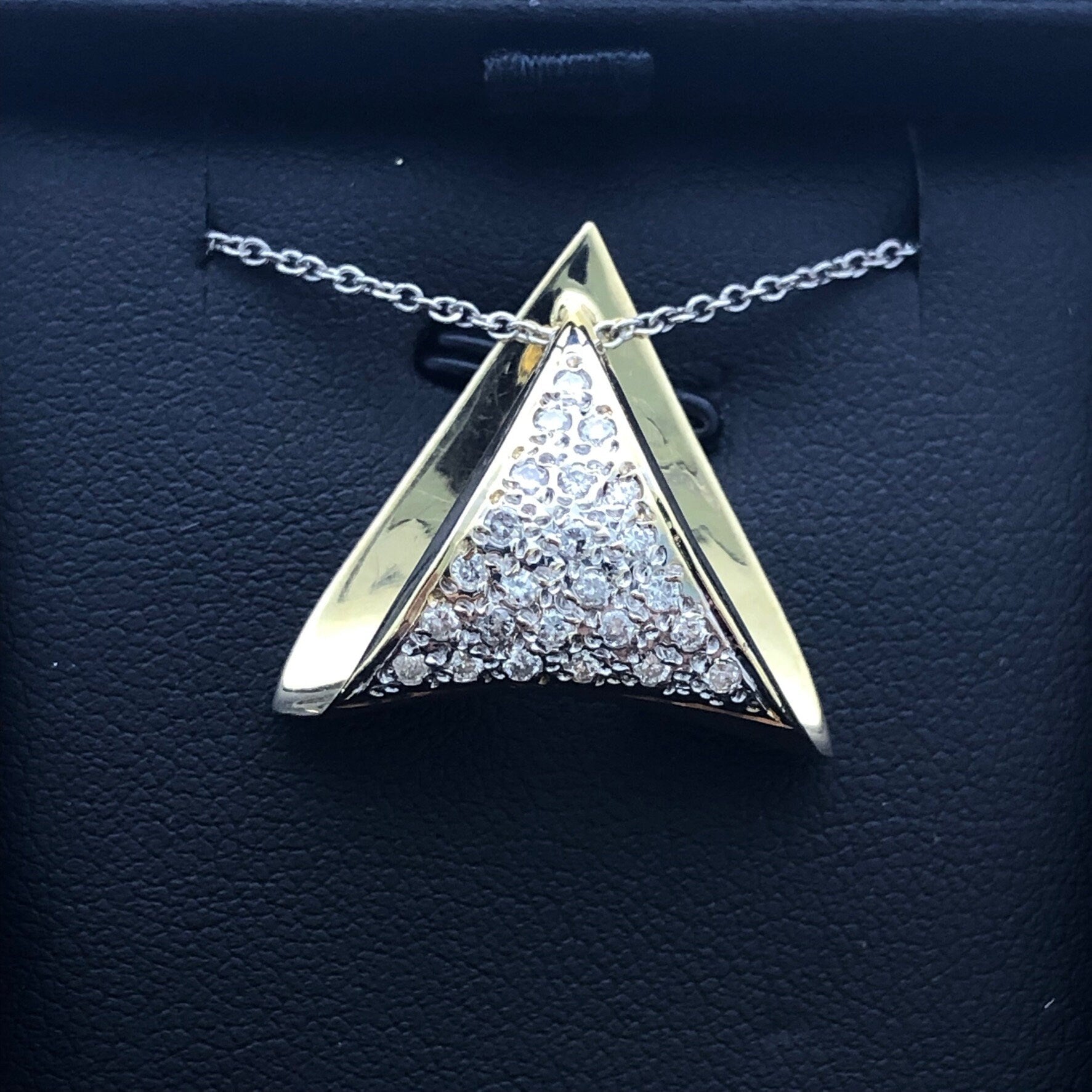 LIV 14k Yellow Gold & Diamonds Trillion Cut Design Pave Halo Design Pendant Necklace