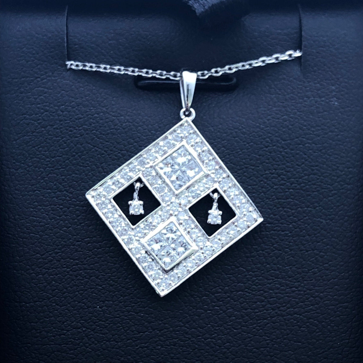 LIV 14k White Gold & Diamonds Round Princess Cut Design Large Halo Pendant Necklace