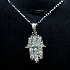 LIV 14k White Gold & Diamonds Pave Hand of God Hamsa Design Halo Stackable Necklace