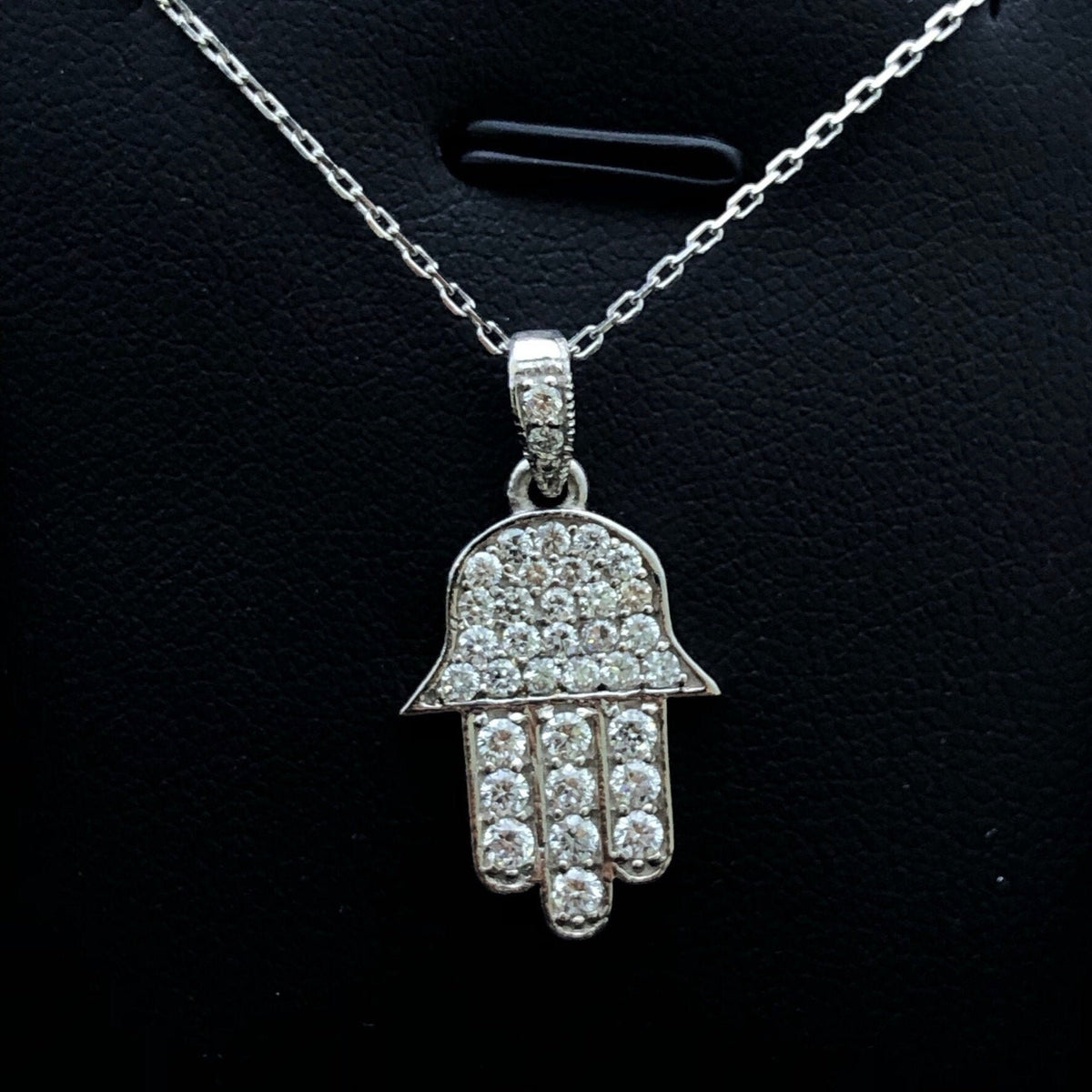 LIV 14k White Gold & Diamonds Pave Hand of God Hamsa Design Halo Stackable Necklace