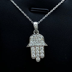 LIV 14k White Gold & Diamonds Pave Hand of God Hamsa Design Halo Stackable Necklace