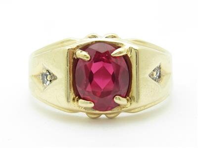 LIV 14k Yellow Gold Simulated Red Ruby & Diamond Oval Shape Design Band Ring