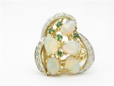 LIV 14k Yellow Gold & Diamonds White Opal Emerald Floral Vintage Design Estate Style Ring