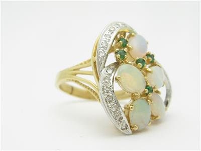 LIV 14k Yellow Gold & Diamonds White Opal Emerald Floral Vintage Design Estate Style Ring