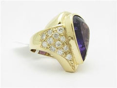 LIV 14k Yellow Gold & Genuine White Diamonds Pear Shape Amethyst Large Ring