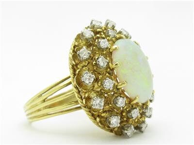 LIV 18k Yellow Gold & Diamonds Large Australian White Opal Vintage Design Estate Style Ring Gift