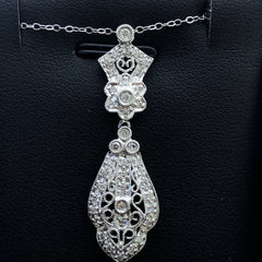 LIV 14k White Gold & Diamonds G/VS1 Round Cut Vintage Design Long Pendant Necklace