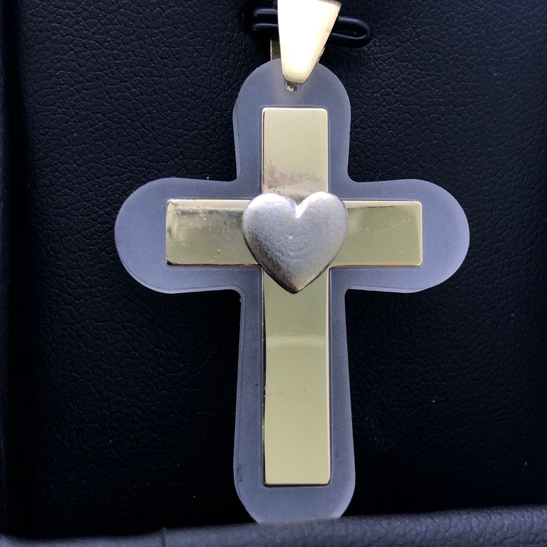 LIV 14k Yellow Gold & Clear Resin Heart Cross Design One of a Kind Charm Pendant