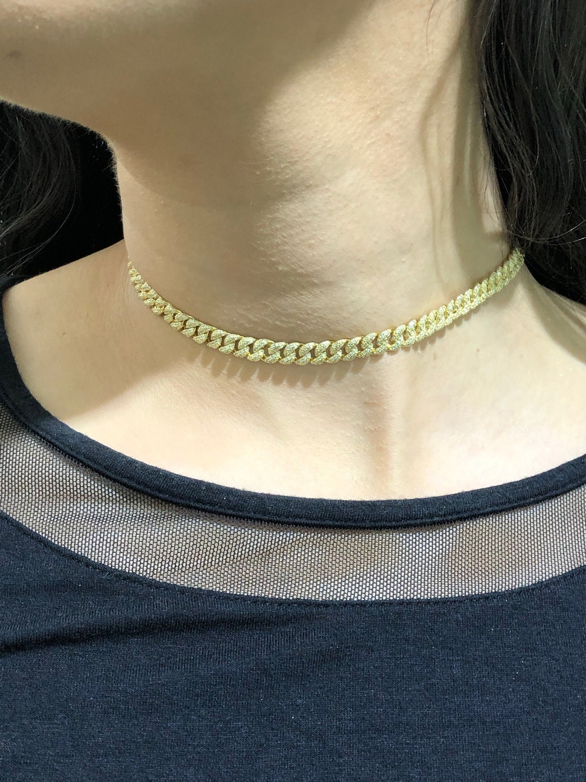 LIV 18k Gold Sterling Silver Pave White Sapphire Cuban Link Tennis Choker Necklace