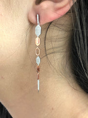 LIV Rose Gold Sterling Silver White Sapphire Hexagon Long Abstract Drop Earrings