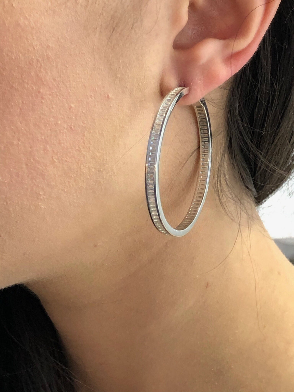 LIV Platinum Sterling Silver White Sapphire Inside Out Baguette Hoop Earrings Gift