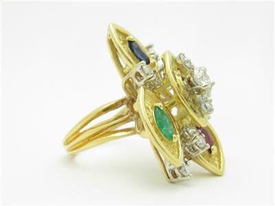 LIV 18k Yellow Gold & Diamonds Sapphire Emerald Ruby Abstract Vintage Design Estate Style Ring