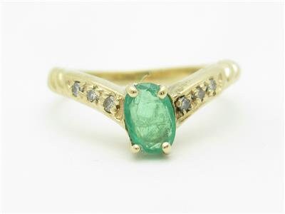 LIV 14k Yellow Gold & Diamonds Green Emerald Oval Shape Stone Band Ring Gift