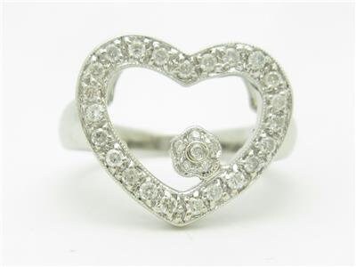 LIV 14k White Gold & Diamonds Open Heart Design Pave Floating Flower Ring Gift