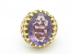 LIV 14k Yellow Gold Purple Amethyst Large Oval Stone Design Vintage Honey Comb Ring