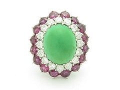 LIV 14k White Gold & Diamonds Red Ruby Green Emerald Cabochon Vintage Design Estate Style Ring
