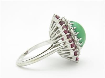 LIV 14k White Gold & Diamonds Red Ruby Green Emerald Cabochon Vintage Design Estate Style Ring